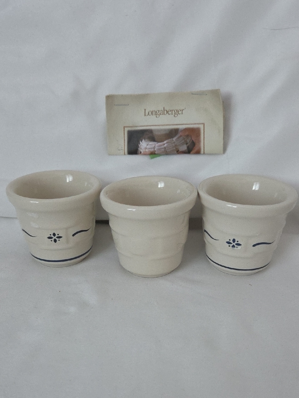 Longaberger Cream Pottery Votives Trio with Blue Trim